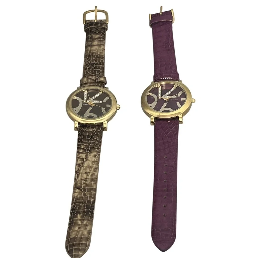 Fashion Quartz Wristwatch Set Gold Tone Case Faux‎ Croc Band K Crystal Dial